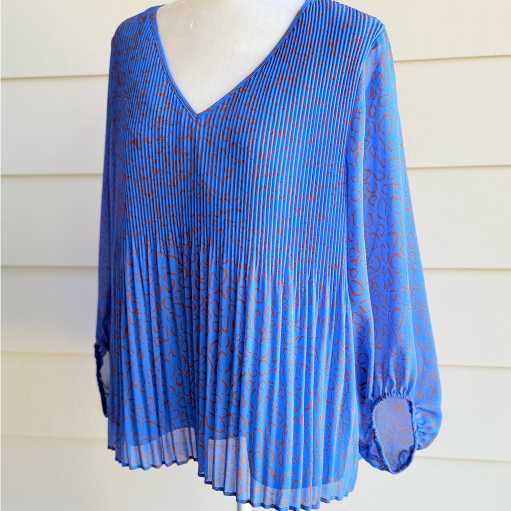 Nine West Pleated Blue 3/4 Sleeve Blouse Size Large - Picture 2 of 9
